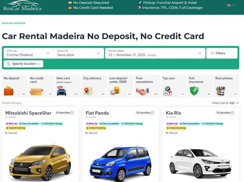 Melhores sites para alugar um carro na Madeira sem depósito